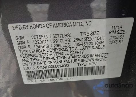 2020 Acura Mdx Technology A-Spec Packages from USA, damaged, VIN 5J8YD4H00LL014052